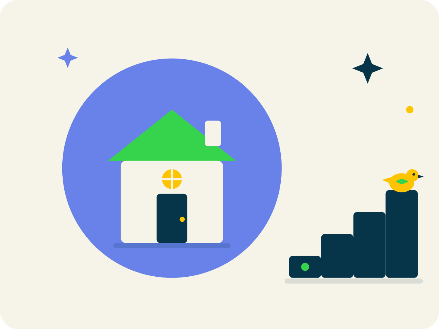 Graphic style image of house with stairs next to it