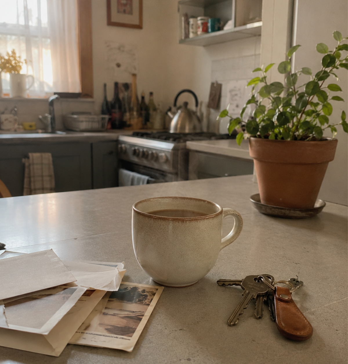 Image of steaming tea on a kitchen sideboard