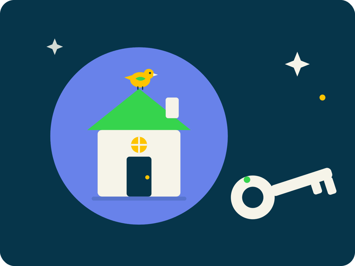 Graphic of house in purple circle with a key next to it
