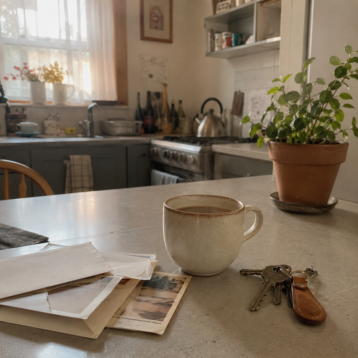 Image of steaming tea on a kitchen sideboard