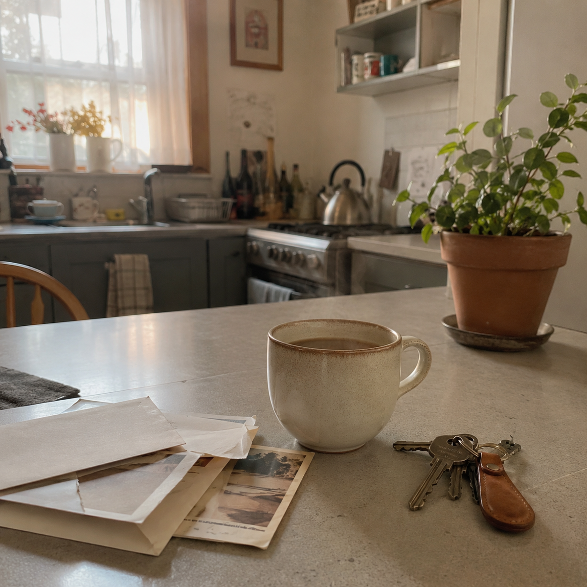 Image of steaming tea on a kitchen sideboard
